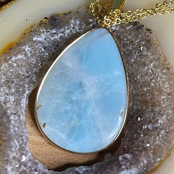 Amazonite gold tone raindrop pendant wrapped 1.5” gold tone stainless steel - Picture 3 of 9